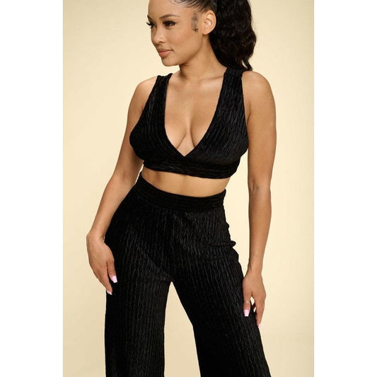 Crushed Velvet Plunging Neck Tank Top And High Waist Palazzo