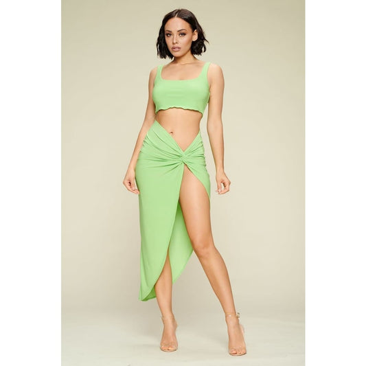 Summer Days Solid Crop Top & Split Thigh Twist Slit Skirt