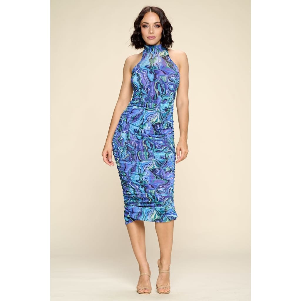 Multi-color Marble Print Midi Dress Ruched Small Slit