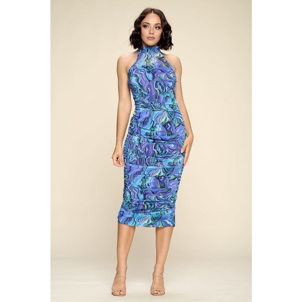 Multi-color Marble Print Midi Dress Ruched Small Slit