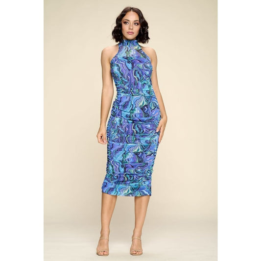 Multi-color Marble Print Midi Dress Ruched Small Slit