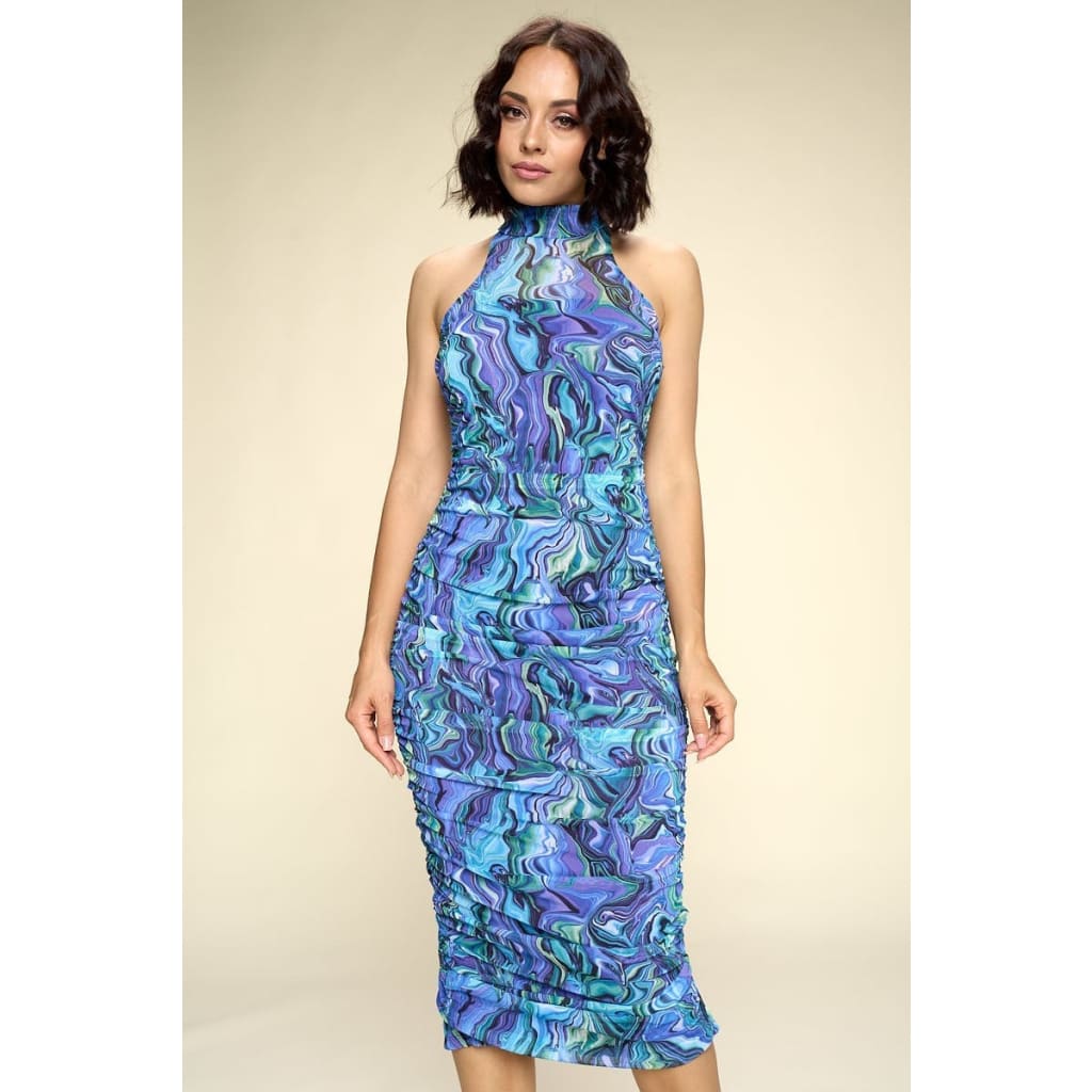 Multi-color Marble Print Midi Dress Ruched Small Slit