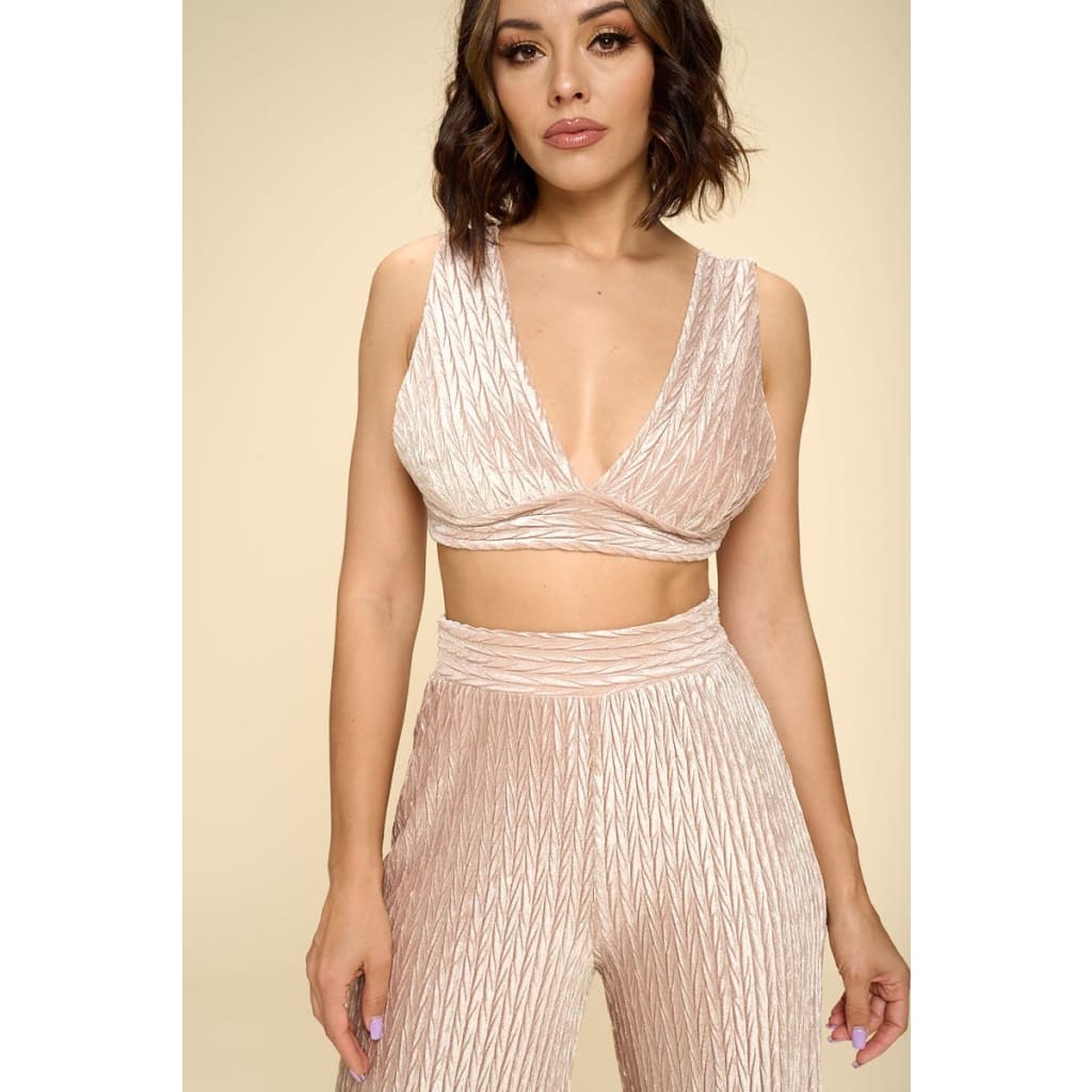 Crushed Velvet Plunging Neck Tank Top And High Waist Palazzo