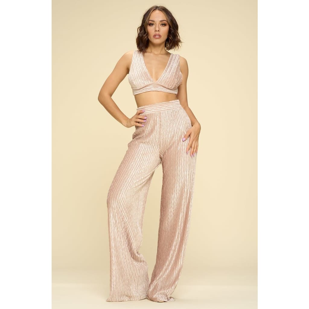 Crushed Velvet Plunging Neck Tank Top And High Waist Palazzo