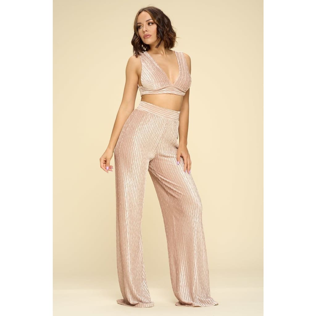 Crushed Velvet Plunging Neck Tank Top And High Waist Palazzo