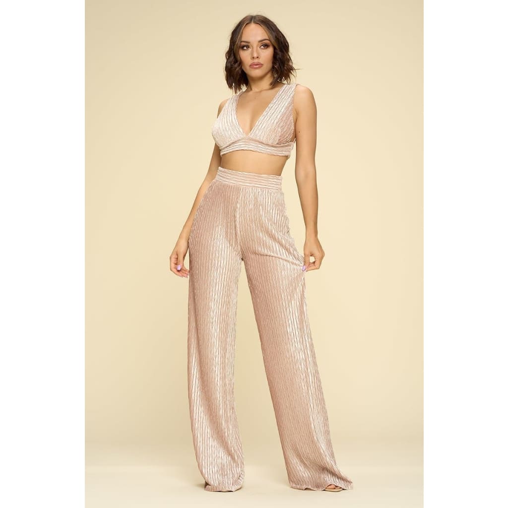 Crushed Velvet Plunging Neck Tank Top And High Waist Palazzo