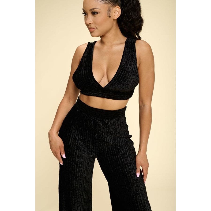 Crushed Velvet Plunging Neck Tank Top And High Waist Palazzo