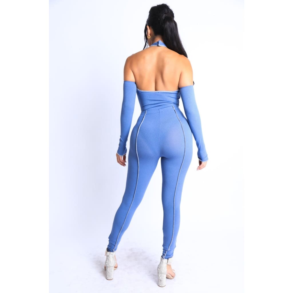 Overlock Detailed Cross Halter Keyhole Neck Off Shoulder Set