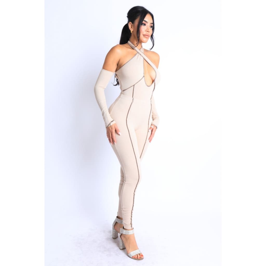 Overlock Detailed Cross Halter Keyhole Neck Off Shoulder Set