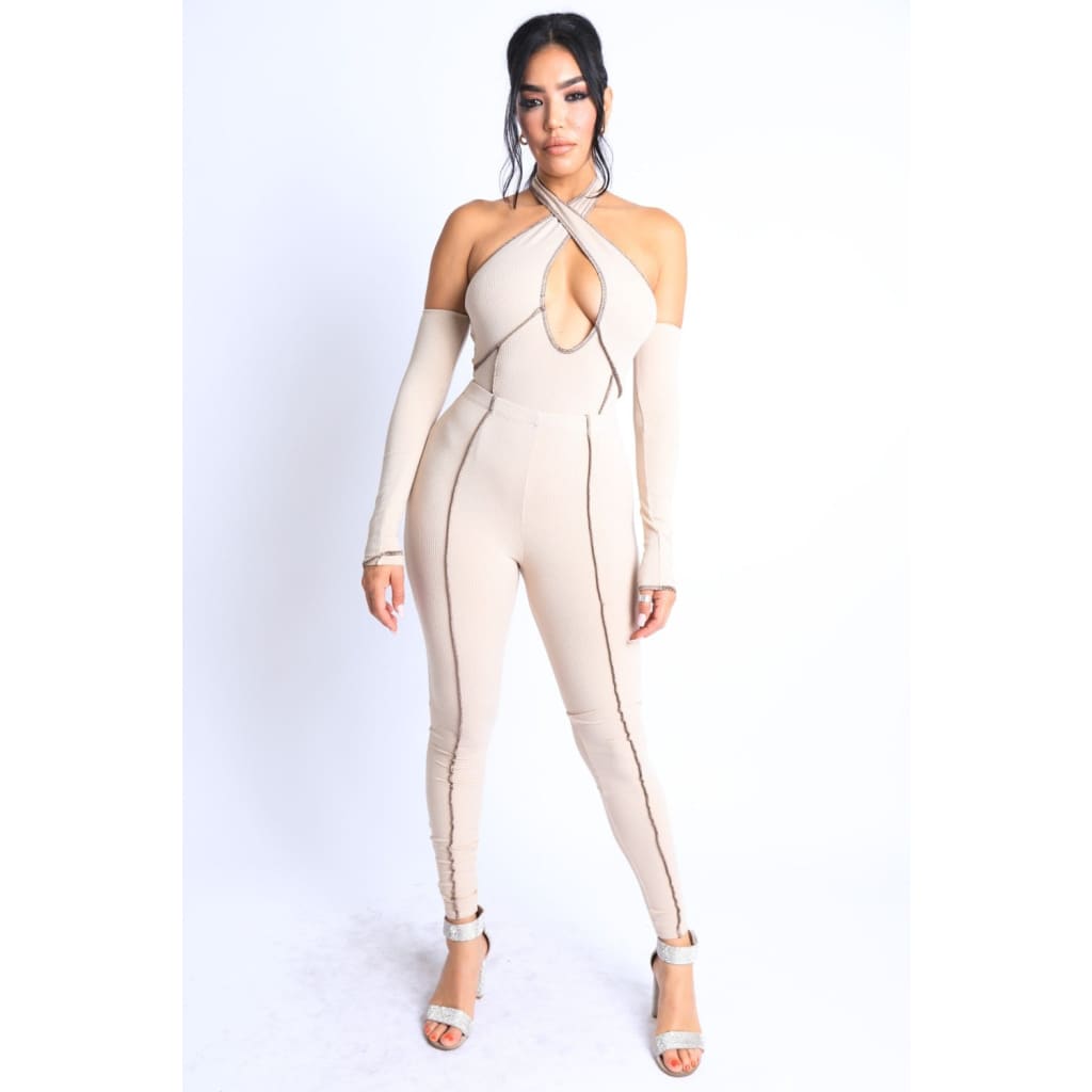 Overlock Detailed Cross Halter Keyhole Neck Off Shoulder Set