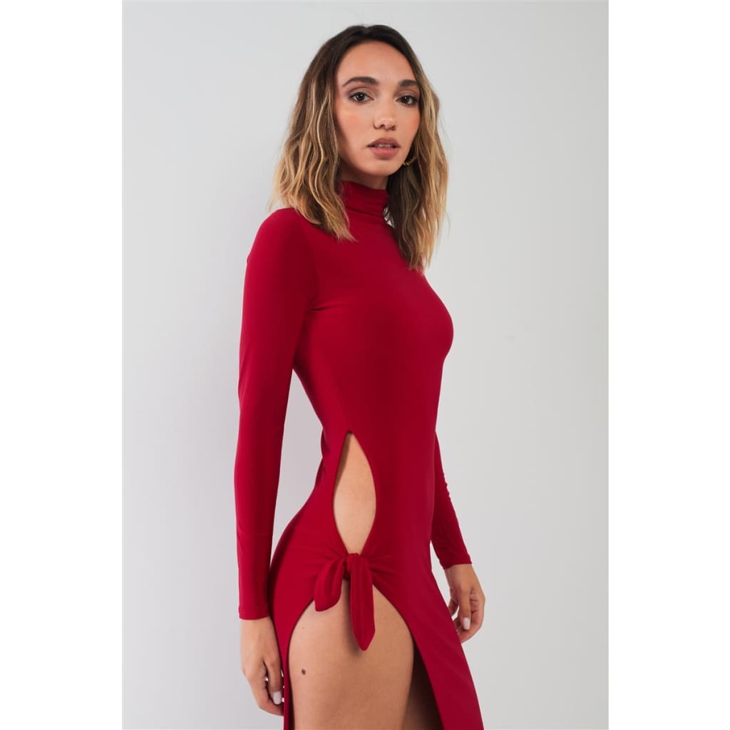 Passion Red Turtle Neck Long Sleeve Super Deep Side Slit 