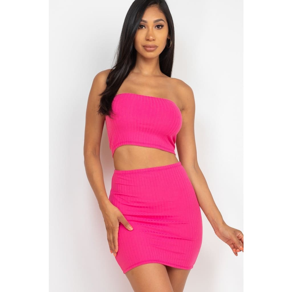 Ribbed Tube Top And Mini Skirt Sets