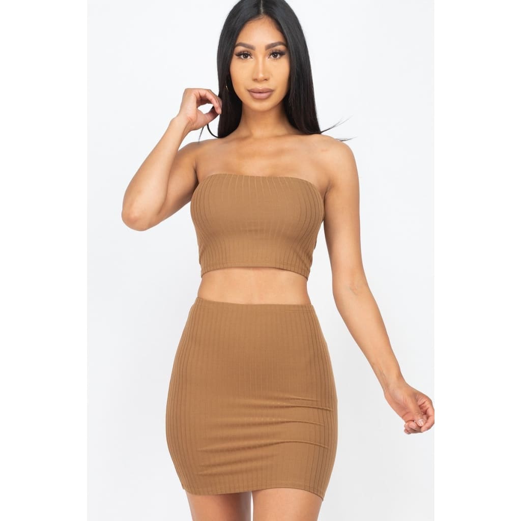 Ribbed Tube Top And Mini Skirt Sets