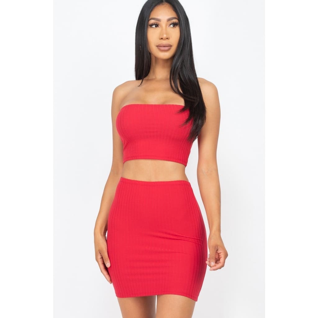 Ribbed Tube Top And Mini Skirt Sets