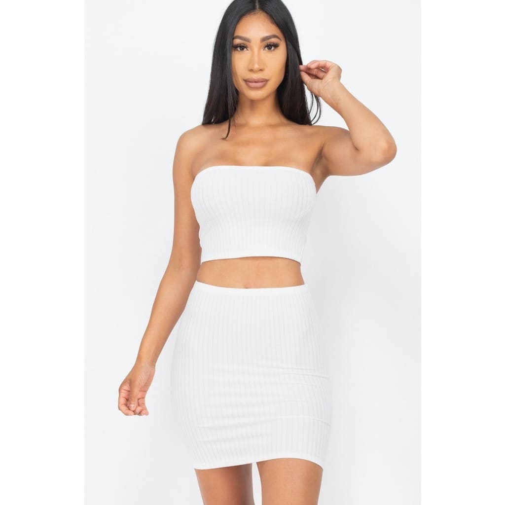 Ribbed Tube Top And Mini Skirt Sets