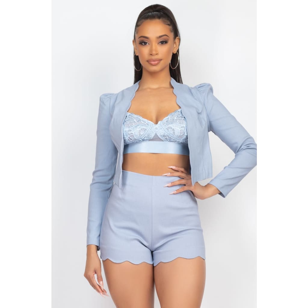 Scallop Hem Blazer Jacket & Mini Shorts Set