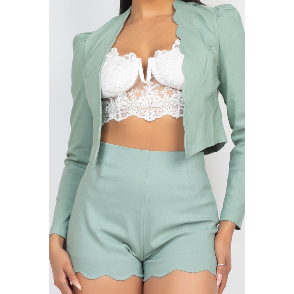 Scallop Hem Blazer Jacket & Mini Shorts Set