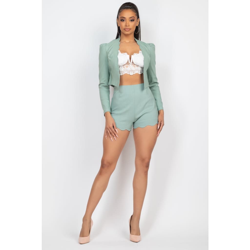 Scallop Hem Blazer Jacket & Mini Shorts Set