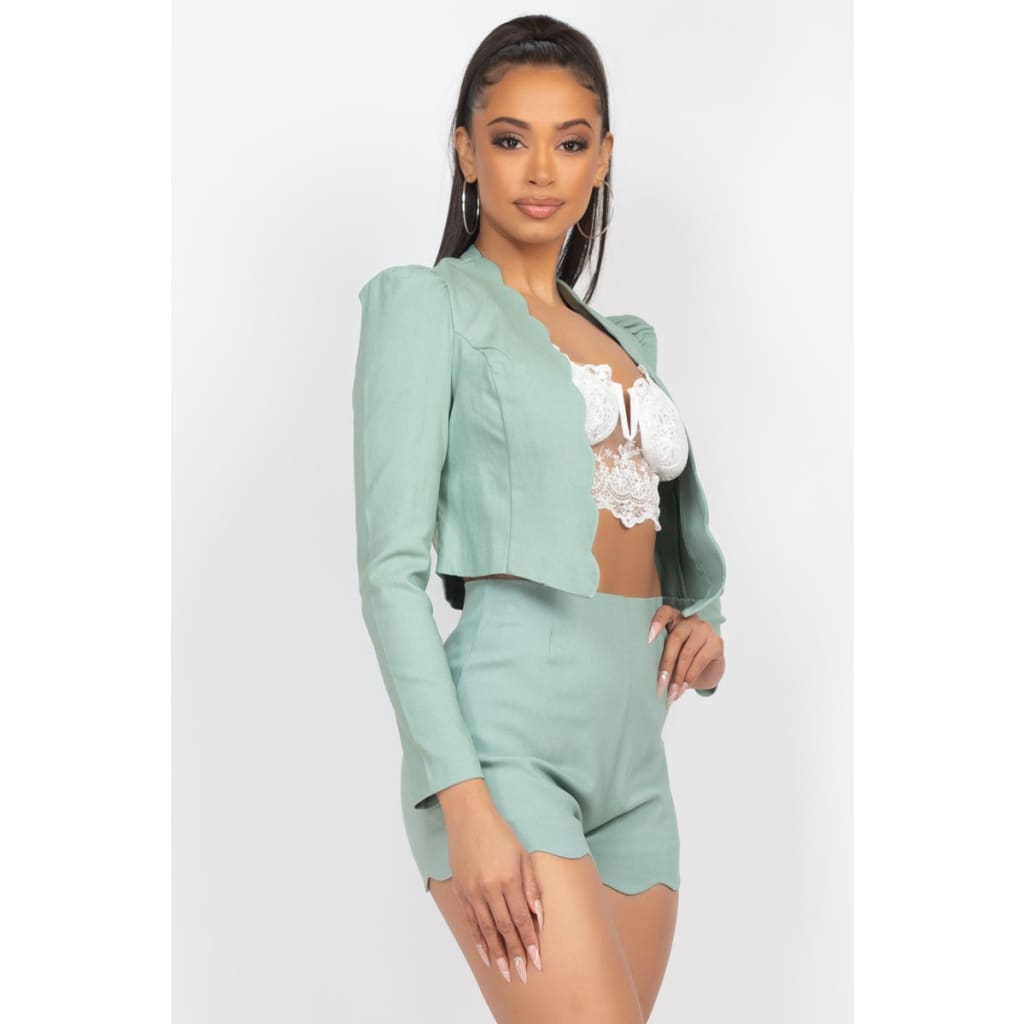 Scallop Hem Blazer Jacket & Mini Shorts Set