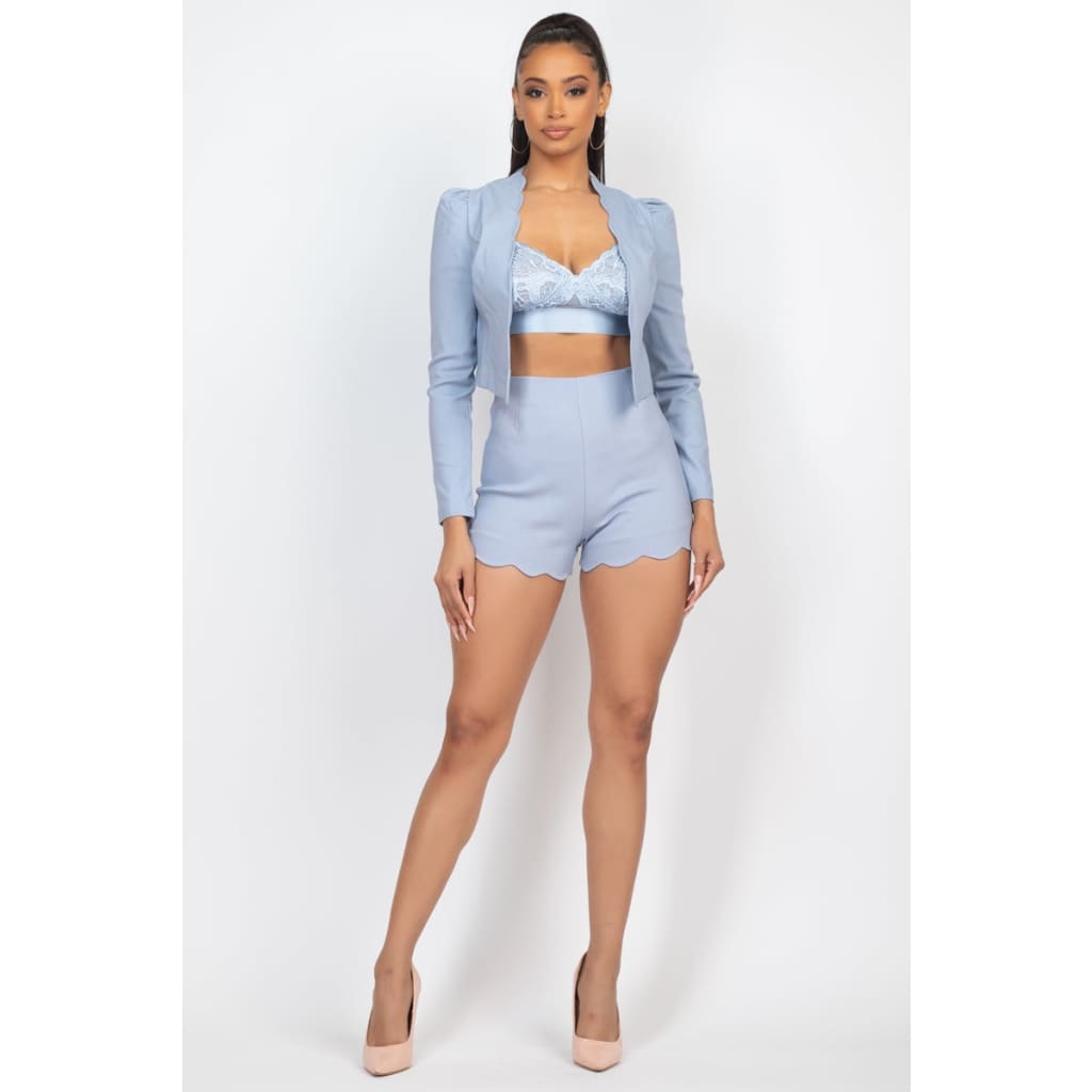 Scallop Hem Blazer Jacket & Mini Shorts Set