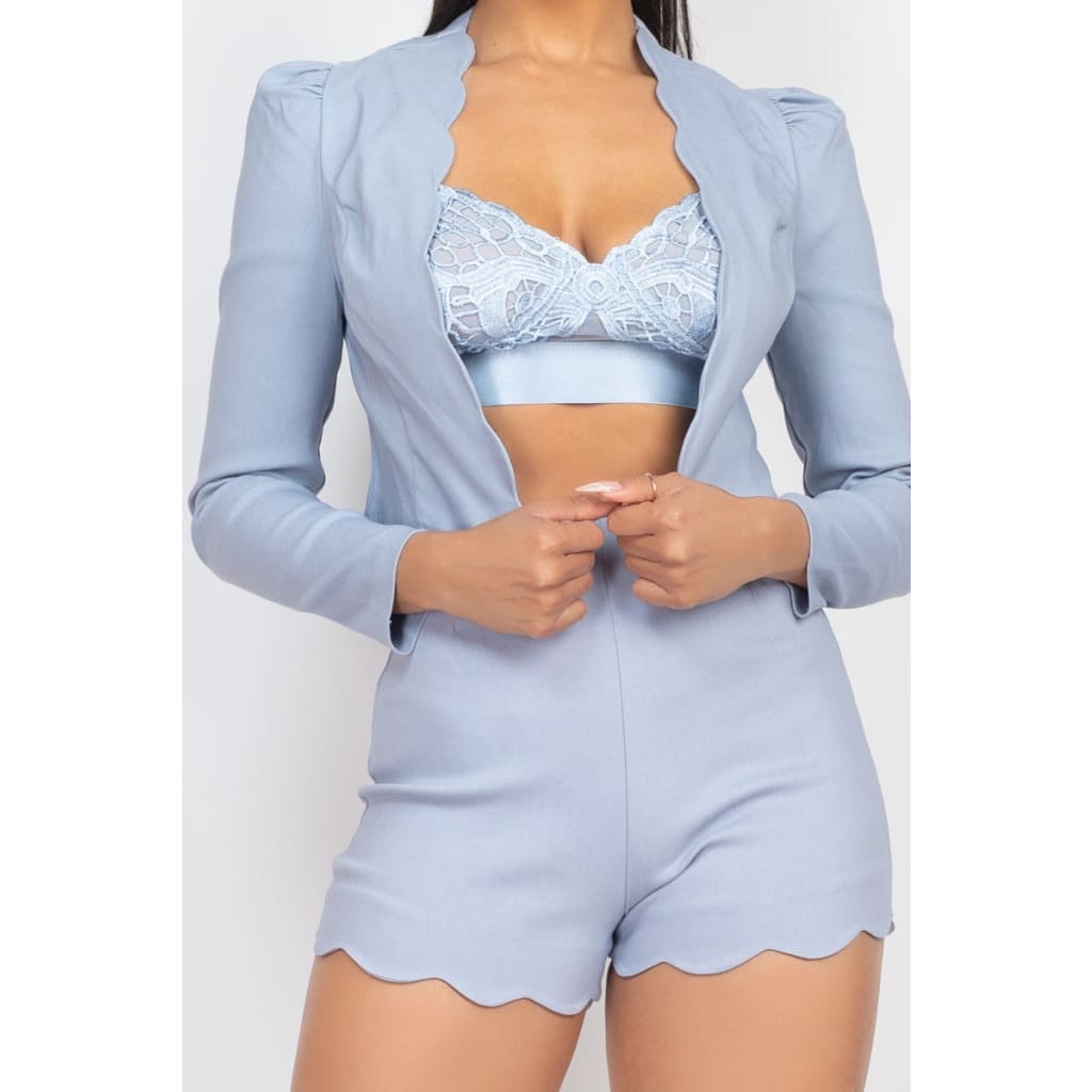 Scallop Hem Blazer Jacket & Mini Shorts Set
