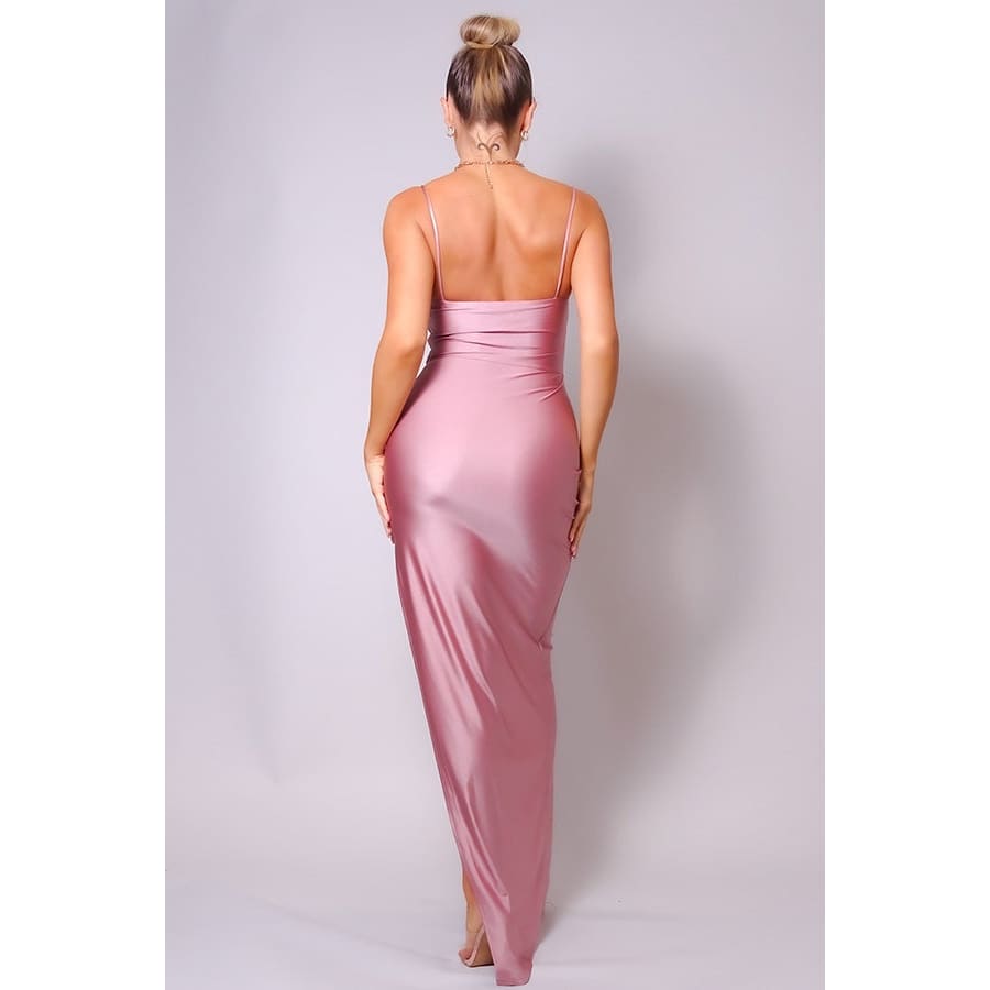 Spaghetti Strap Pleated Bust Front Slit Maxi Dress