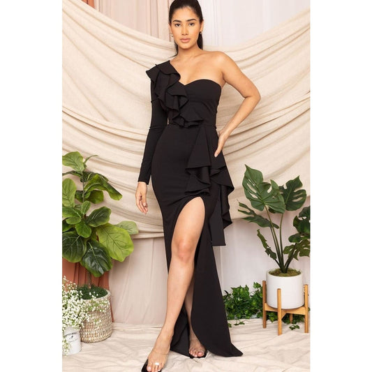 Stretch Crepe One Shoulder Maxi Dress