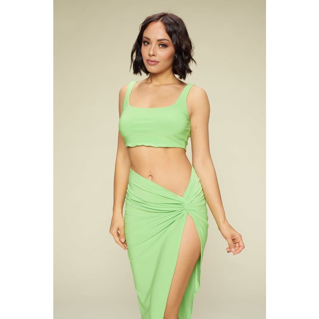 Summer Days Solid Crop Top & Split Thigh Twist Slit Skirt 