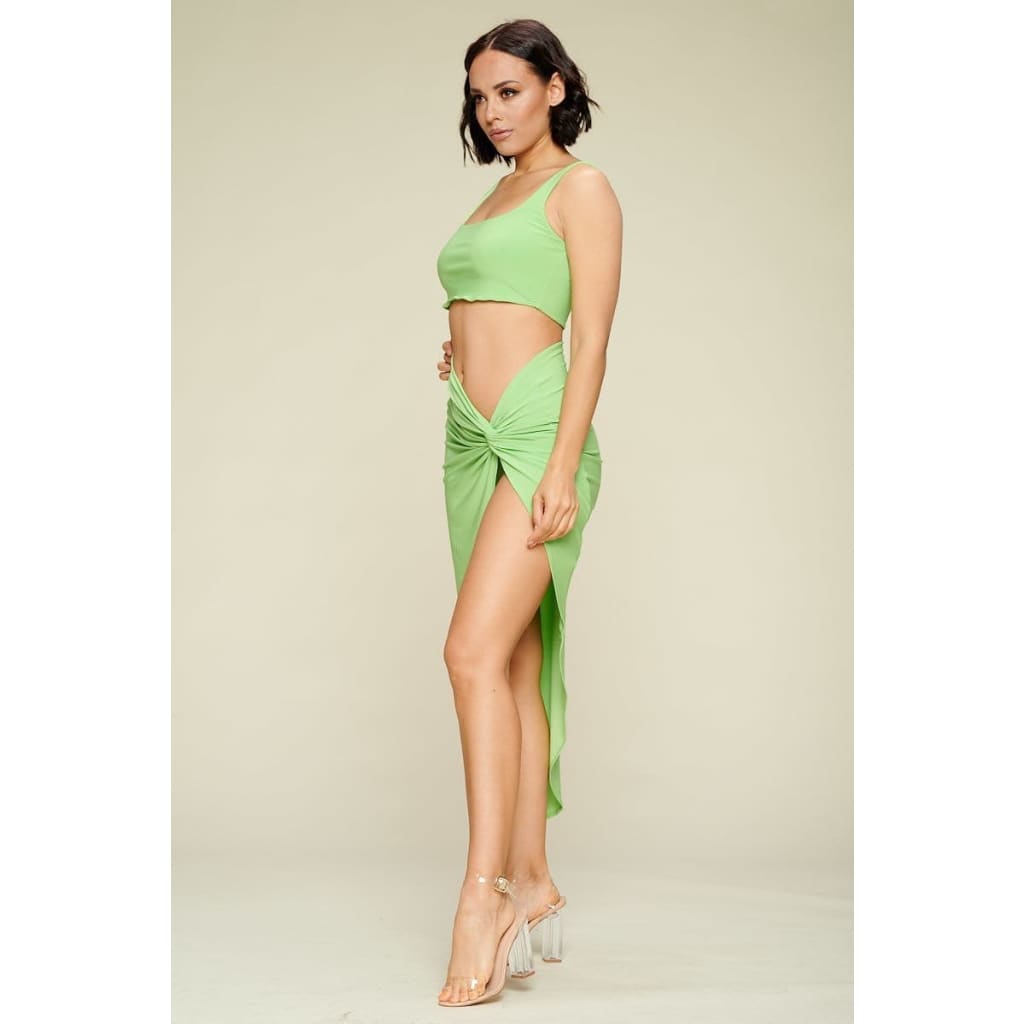 Summer Days Solid Crop Top & Split Thigh Twist Slit Skirt 