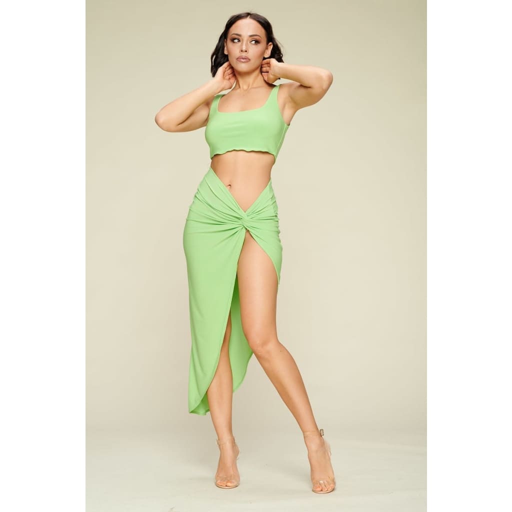 Summer Days Solid Crop Top & Split Thigh Twist Slit Skirt 