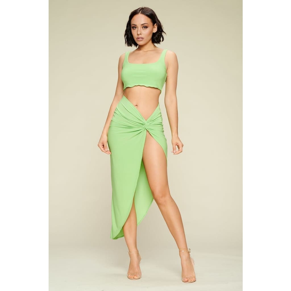 Summer Days Solid Crop Top & Split Thigh Twist Slit Skirt 