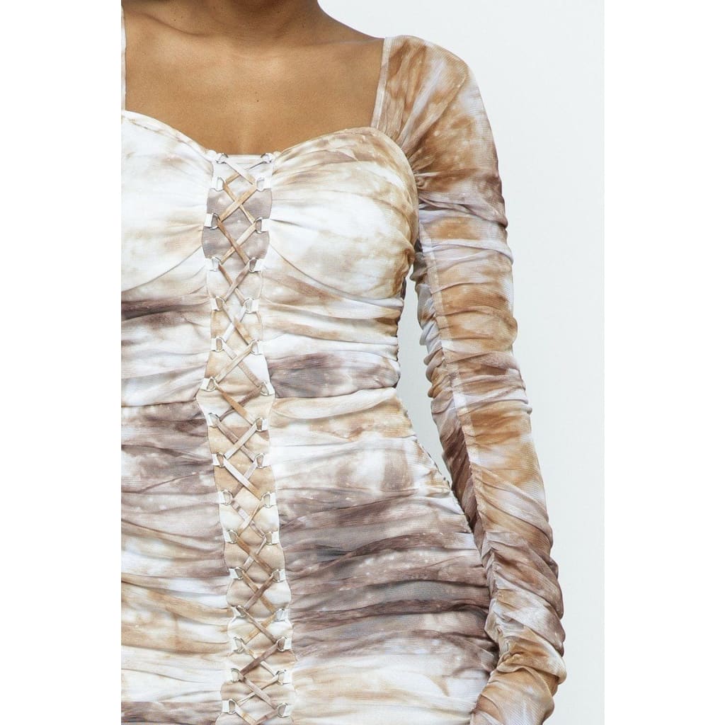 Tie Dyed Mesh Mini Dress W/ Lace Up Details